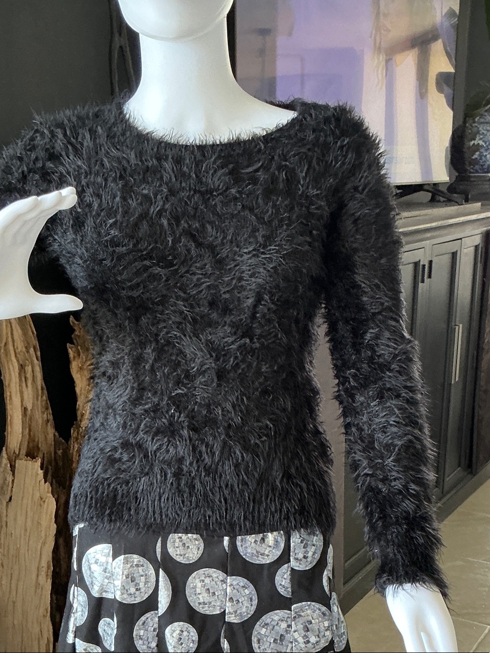 Black Fuzzy Crewneck Sweater - Women